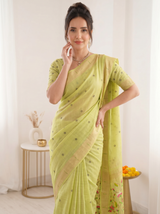 Pista Premium Soft Muga Cotton Saree with Paithani Swan Meenakari Pallu