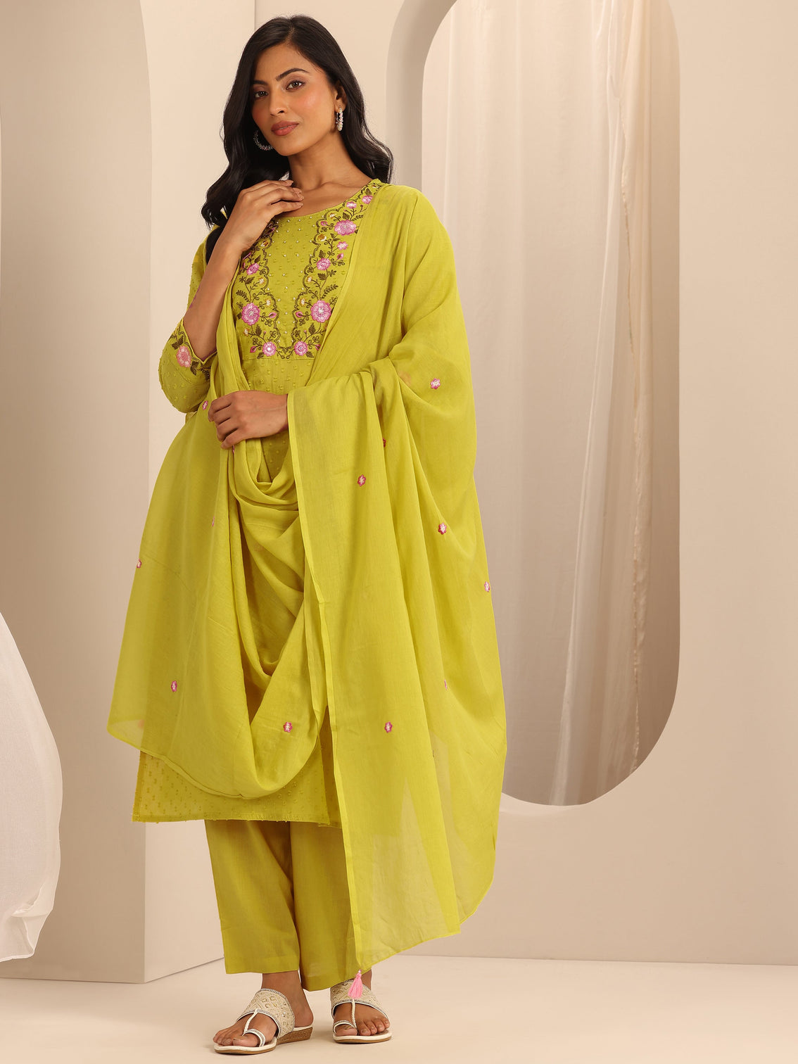 Mameraa Yellow Yoke Design Cotton Straight Suit Set With Dupatta