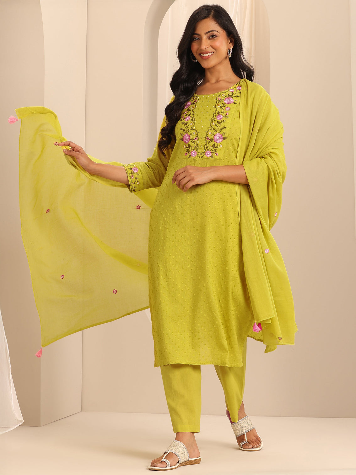 Mameraa Yellow Yoke Design Cotton Straight Suit Set With Dupatta
