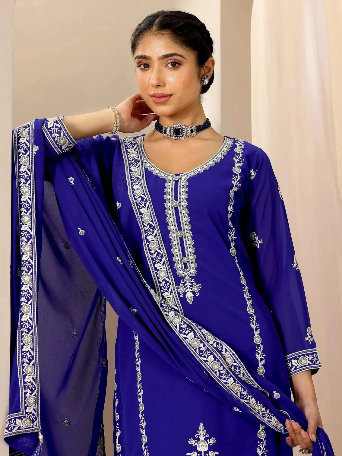 Mameraa Blue Embroidered Georgette Straight Suit Set With Dupatta