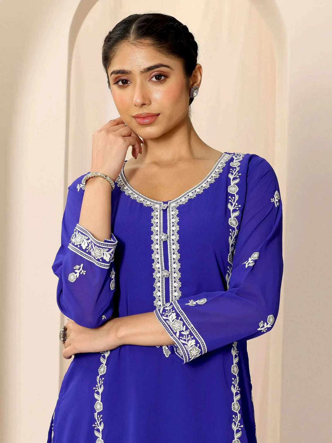 Mameraa Blue Embroidered Georgette Straight Suit Set With Dupatta