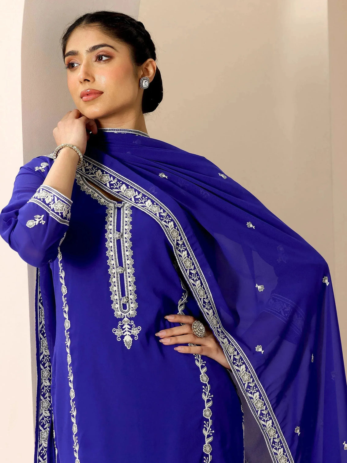 Mameraa Blue Embroidered Georgette Straight Suit Set With Dupatta