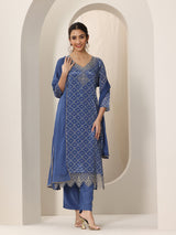 Libas Blue Printed Silk Blend Straight Suit Set With Dupatta