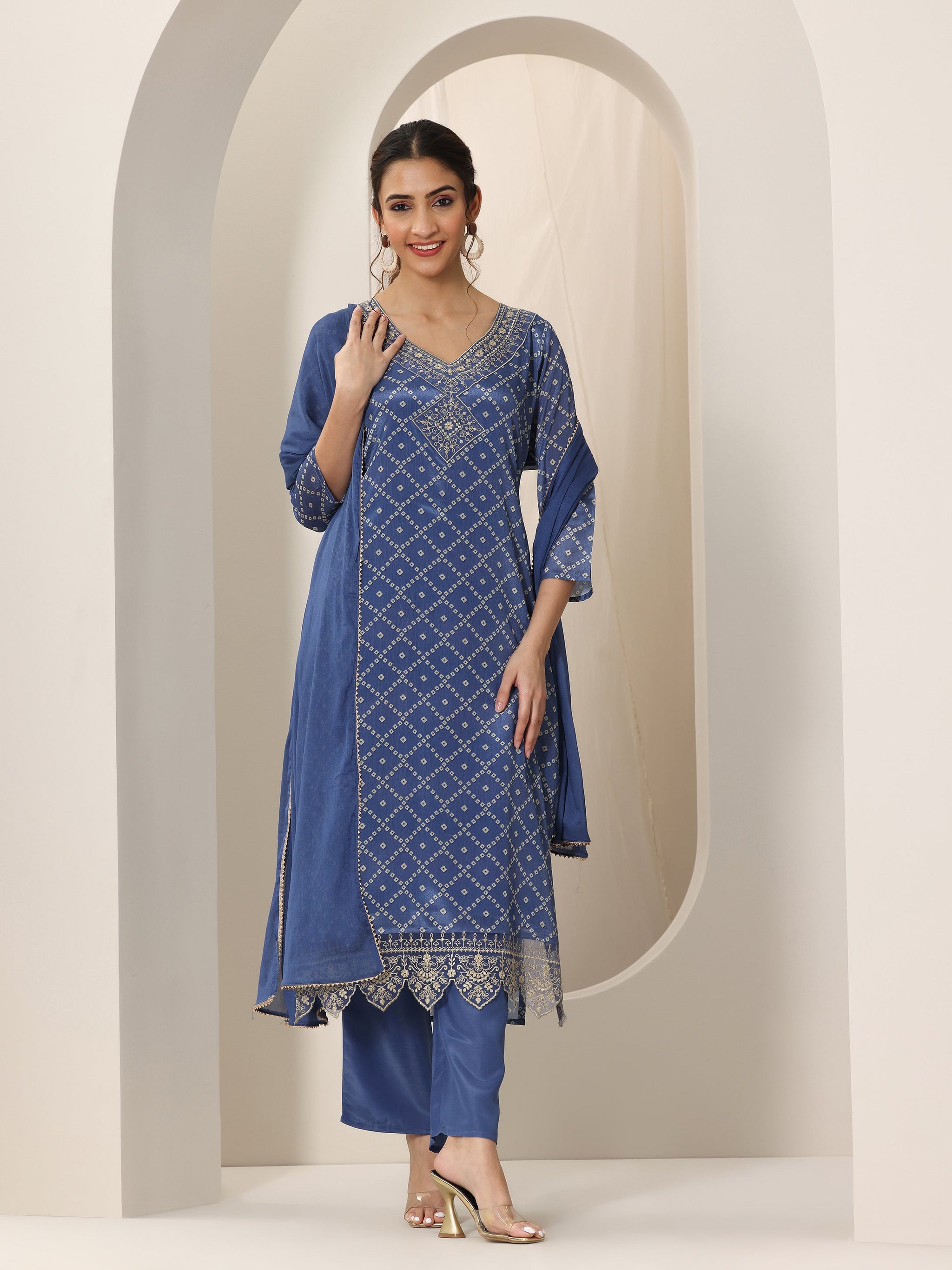 Libas Blue Printed Silk Blend Straight Suit Set With Dupatta