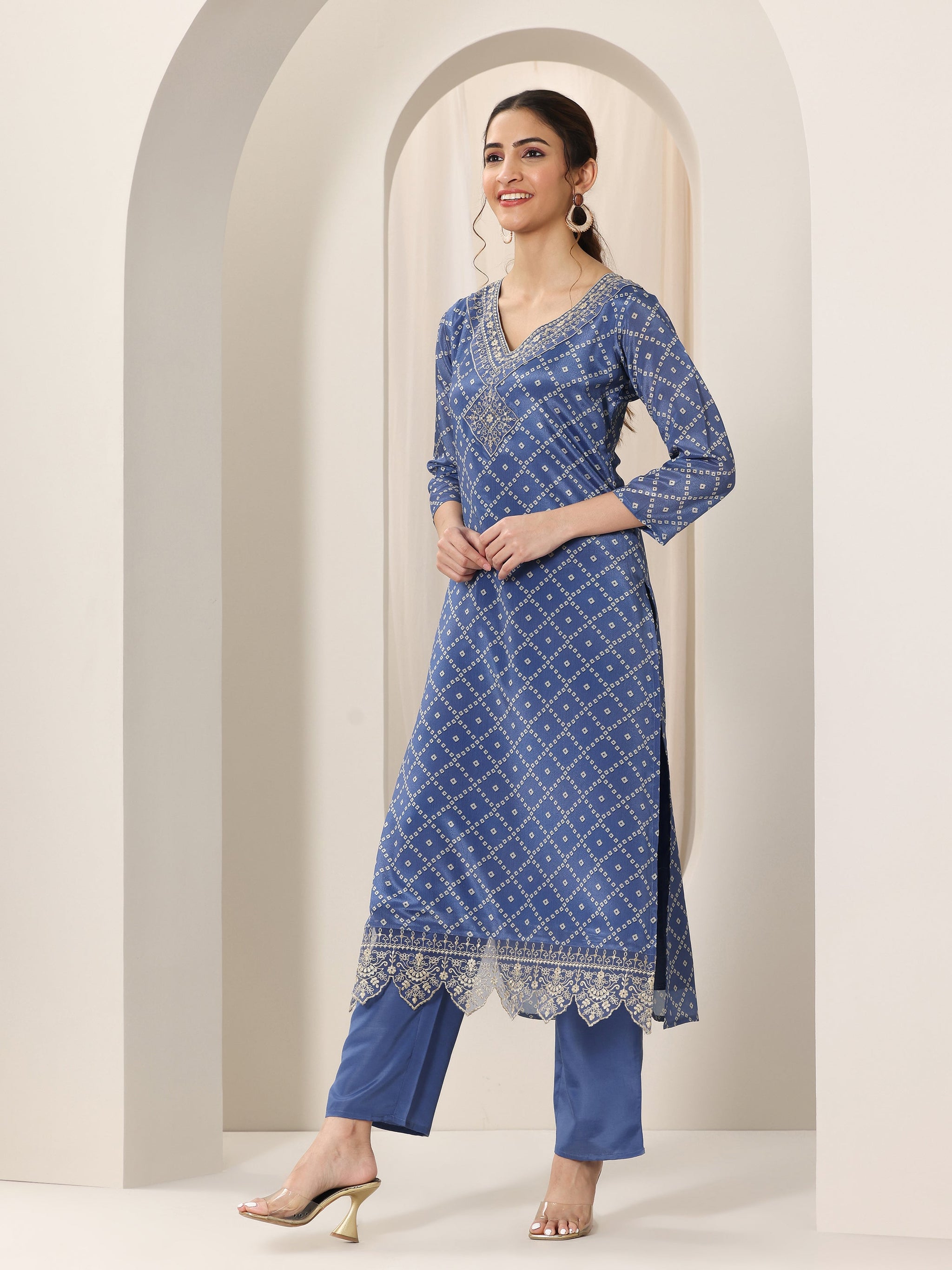 Libas Blue Printed Silk Blend Straight Suit Set With Dupatta