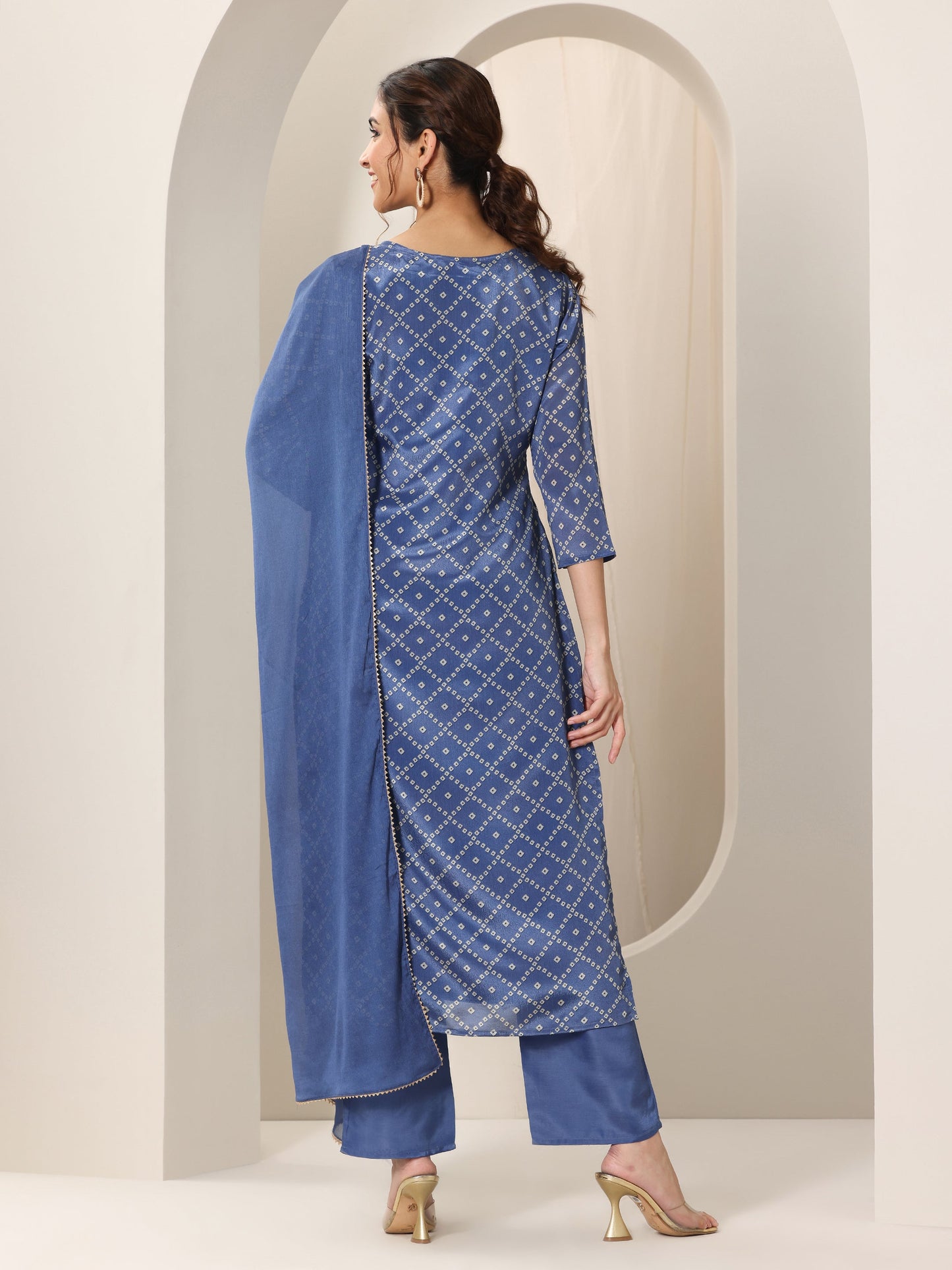 Libas Blue Printed Silk Blend Straight Suit Set With Dupatta