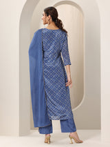 Libas Blue Printed Silk Blend Straight Suit Set With Dupatta