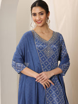 Libas Blue Printed Silk Blend Straight Suit Set With Dupatta