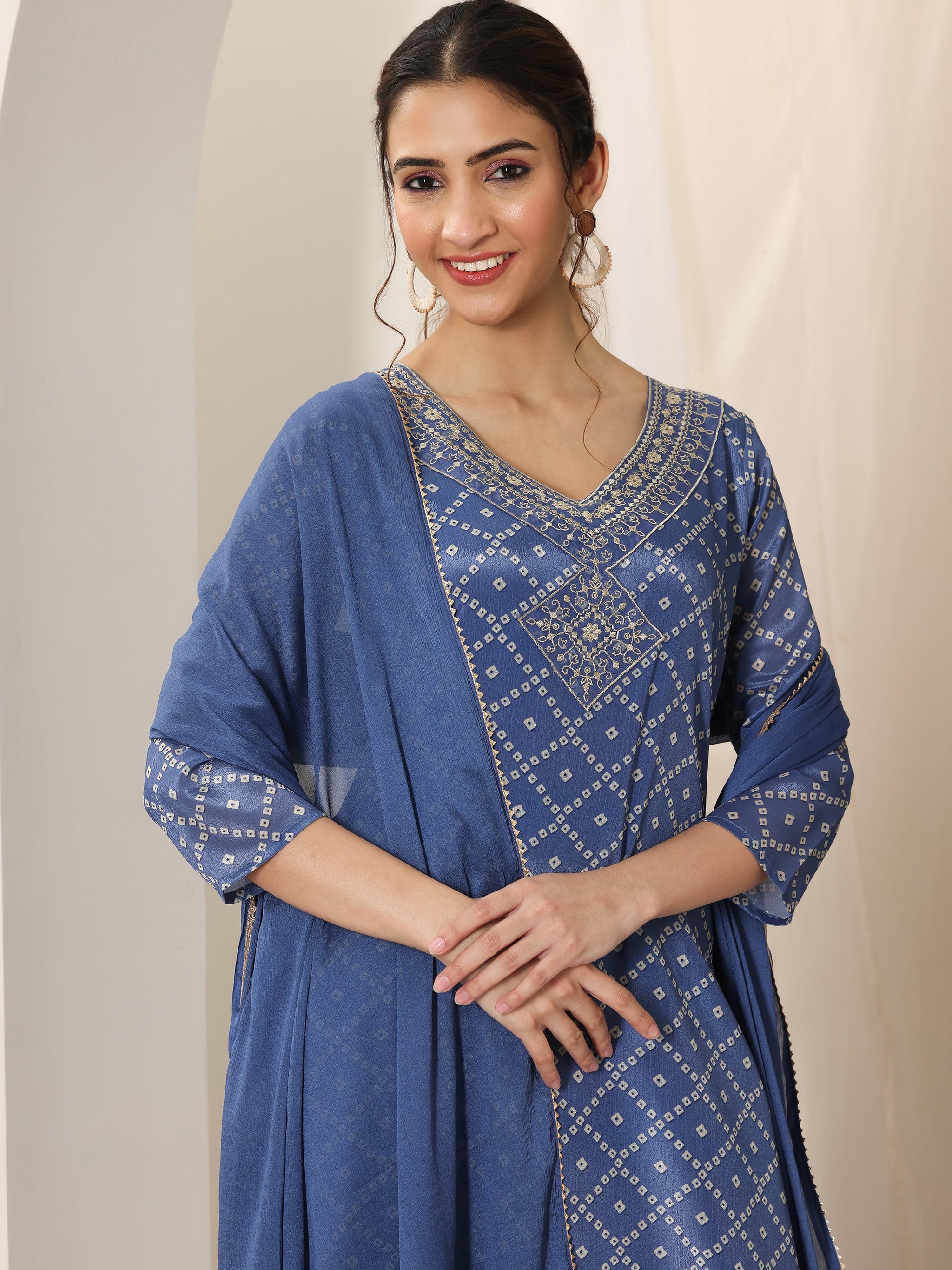 Libas Blue Printed Silk Blend Straight Suit Set With Dupatta