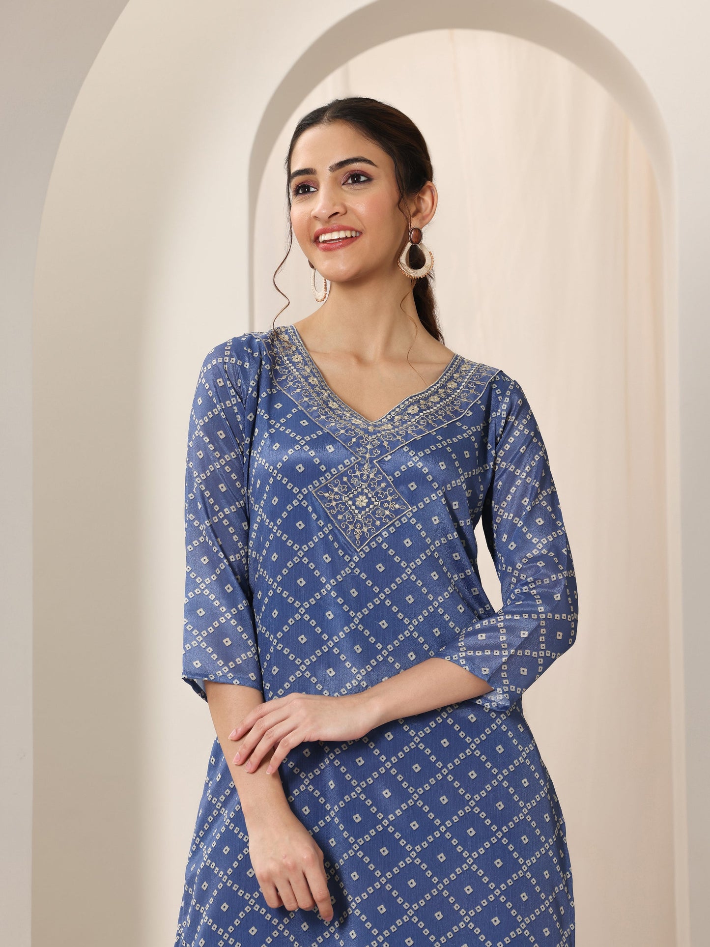 Libas Blue Printed Silk Blend Straight Suit Set With Dupatta