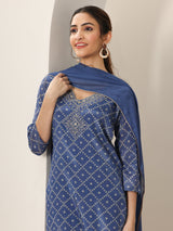 Libas Blue Printed Silk Blend Straight Suit Set With Dupatta