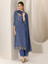 Libas Blue Printed Silk Blend Straight Suit Set With Dupatta