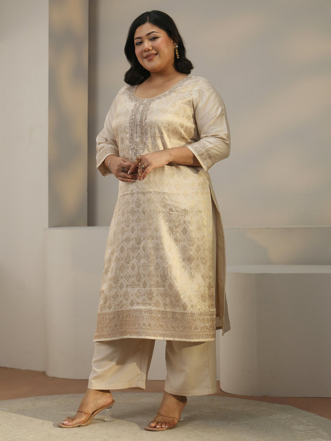 Plus Size Taupe Woven Design Silk Blend Straight Suit Set With Dupatta