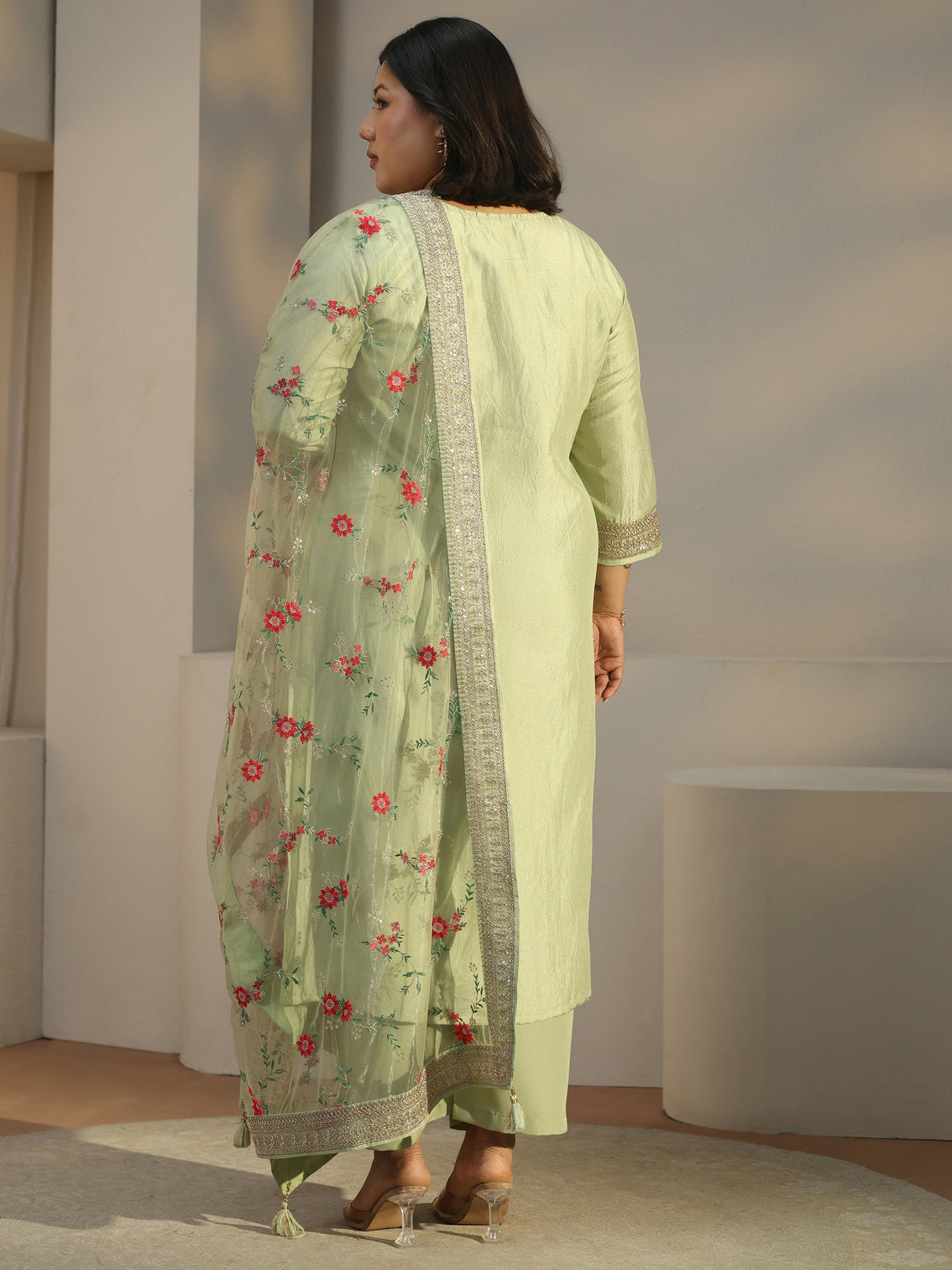 Plus Size Green Woven Design Silk Blend Straight Suit Set With Dupatta