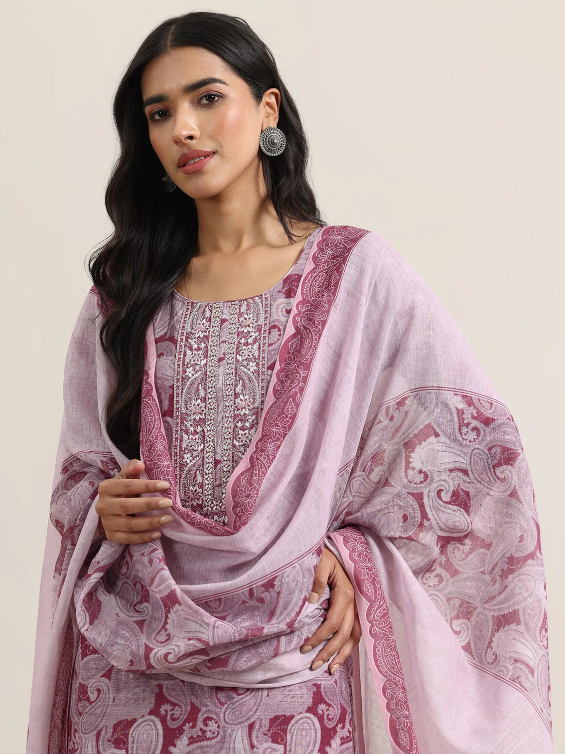 Mameraa Pink Printed Linen Straight Suit With Dupatta