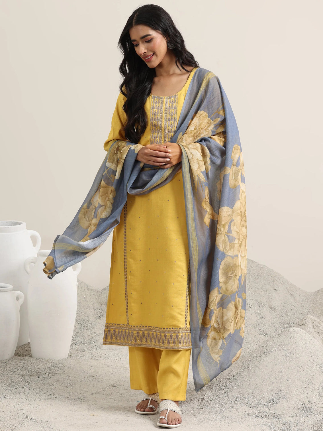 Mameraa Mustard Printed Cotton Straight Suit With Dupatta