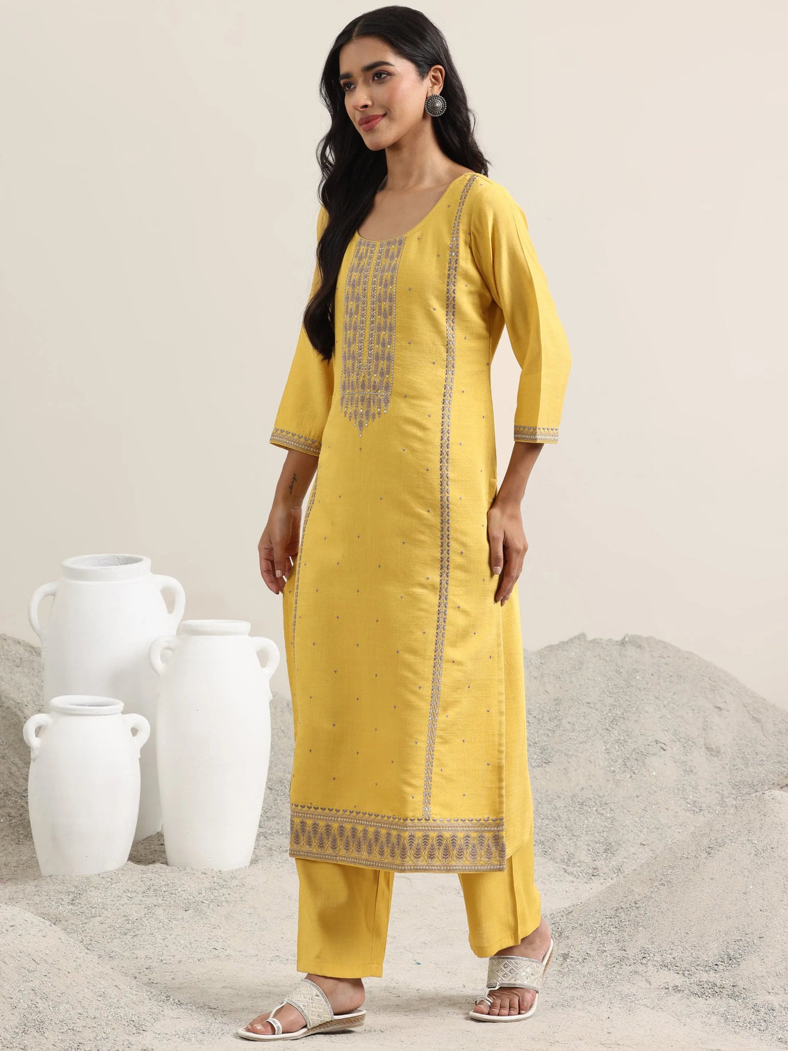 Mameraa Mustard Printed Cotton Straight Suit With Dupatta