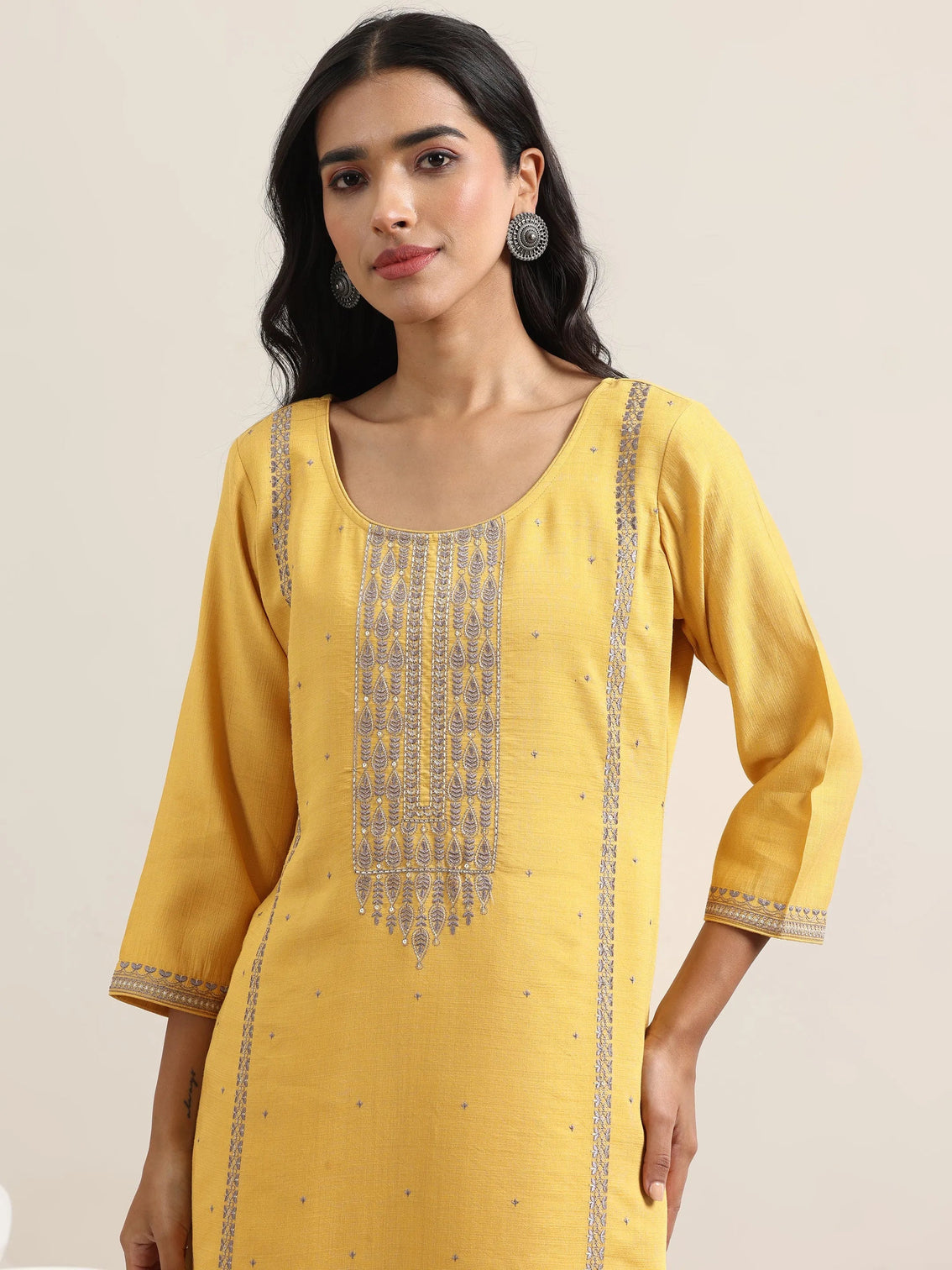 Mameraa Mustard Printed Cotton Straight Suit With Dupatta