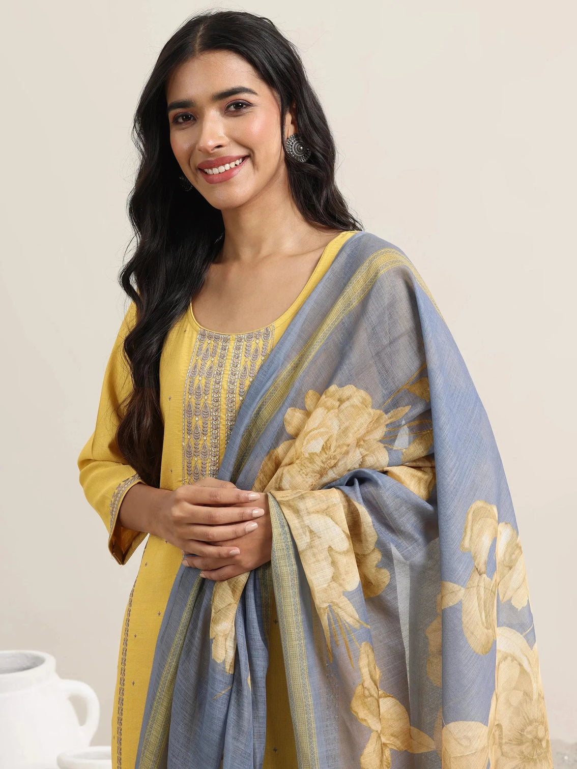 Mameraa Mustard Printed Cotton Straight Suit With Dupatta