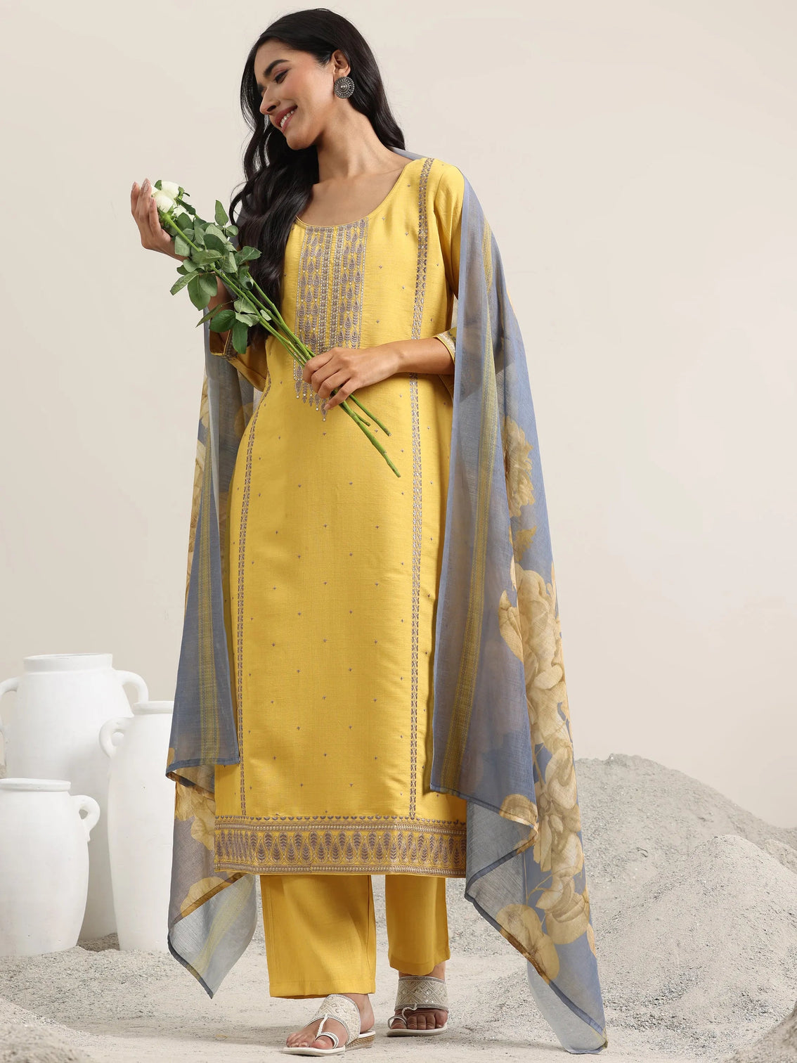 Mameraa Mustard Printed Cotton Straight Suit With Dupatta