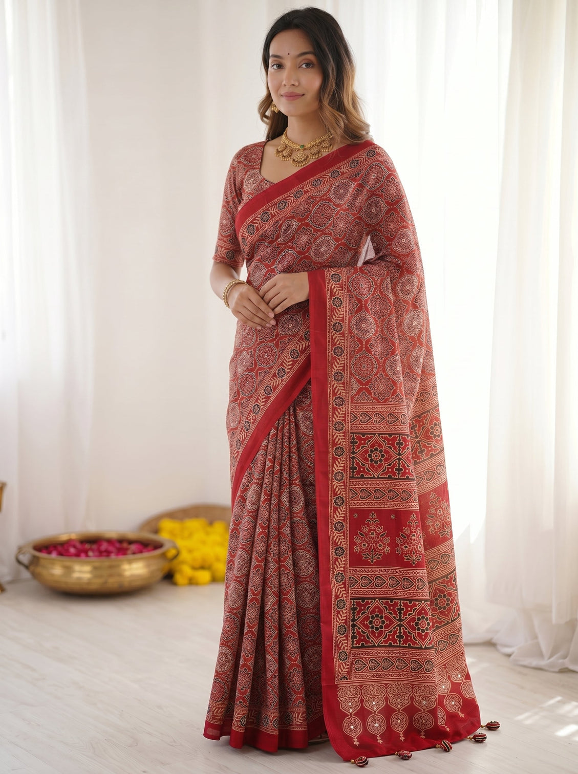 Ruby red pure modal silk saree with heritage ajrakh inspired print traditional designer pallu