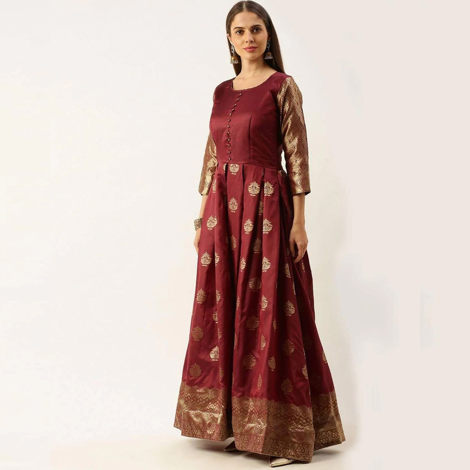 Maroon Color Box Cut Soft Silk Gown