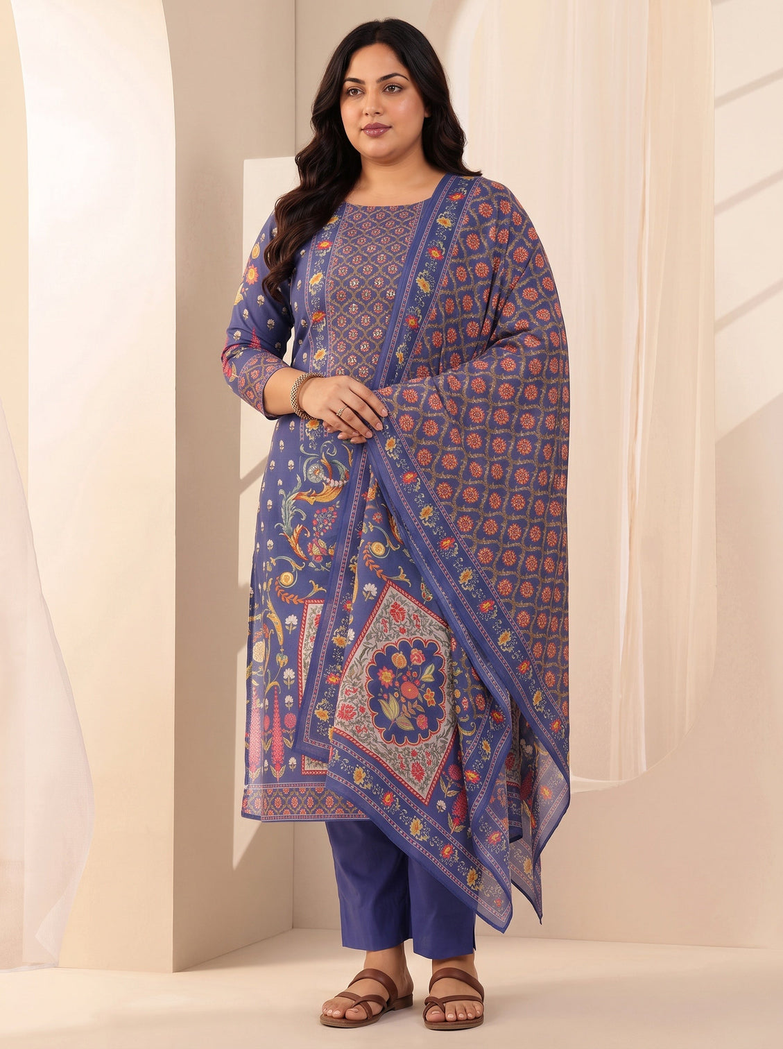 Plus Size Blue Printed Cotton Straight Suit Sets With Dupatta