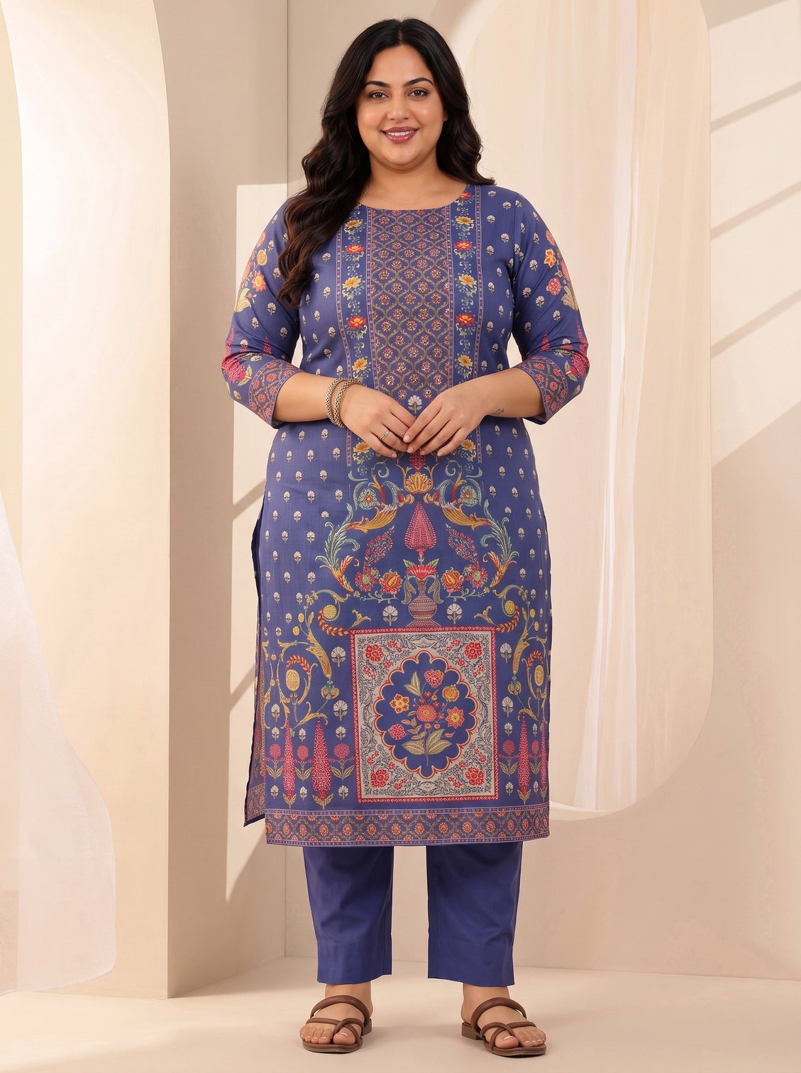 Plus Size Blue Printed Cotton Straight Suit Sets With Dupatta