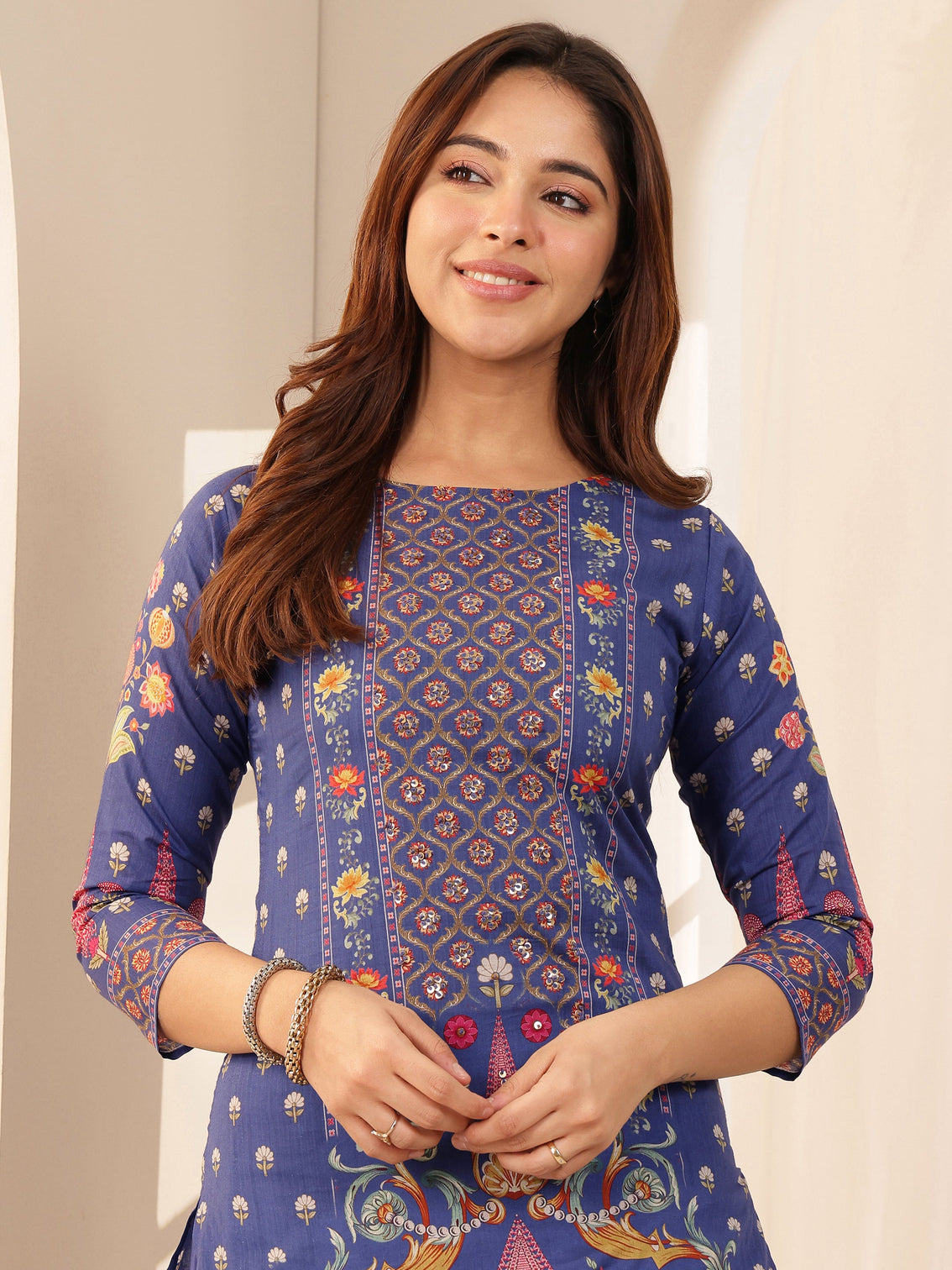 Mameraa Blue Printed Cotton Straight Suit Sets With Dupatta