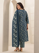 Plus Size Teal Blue Printed Cotton Blend Straight Suit Sets With Dupatta
