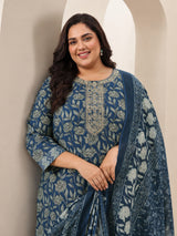 Plus Size Teal Blue Printed Cotton Blend Straight Suit Sets With Dupatta