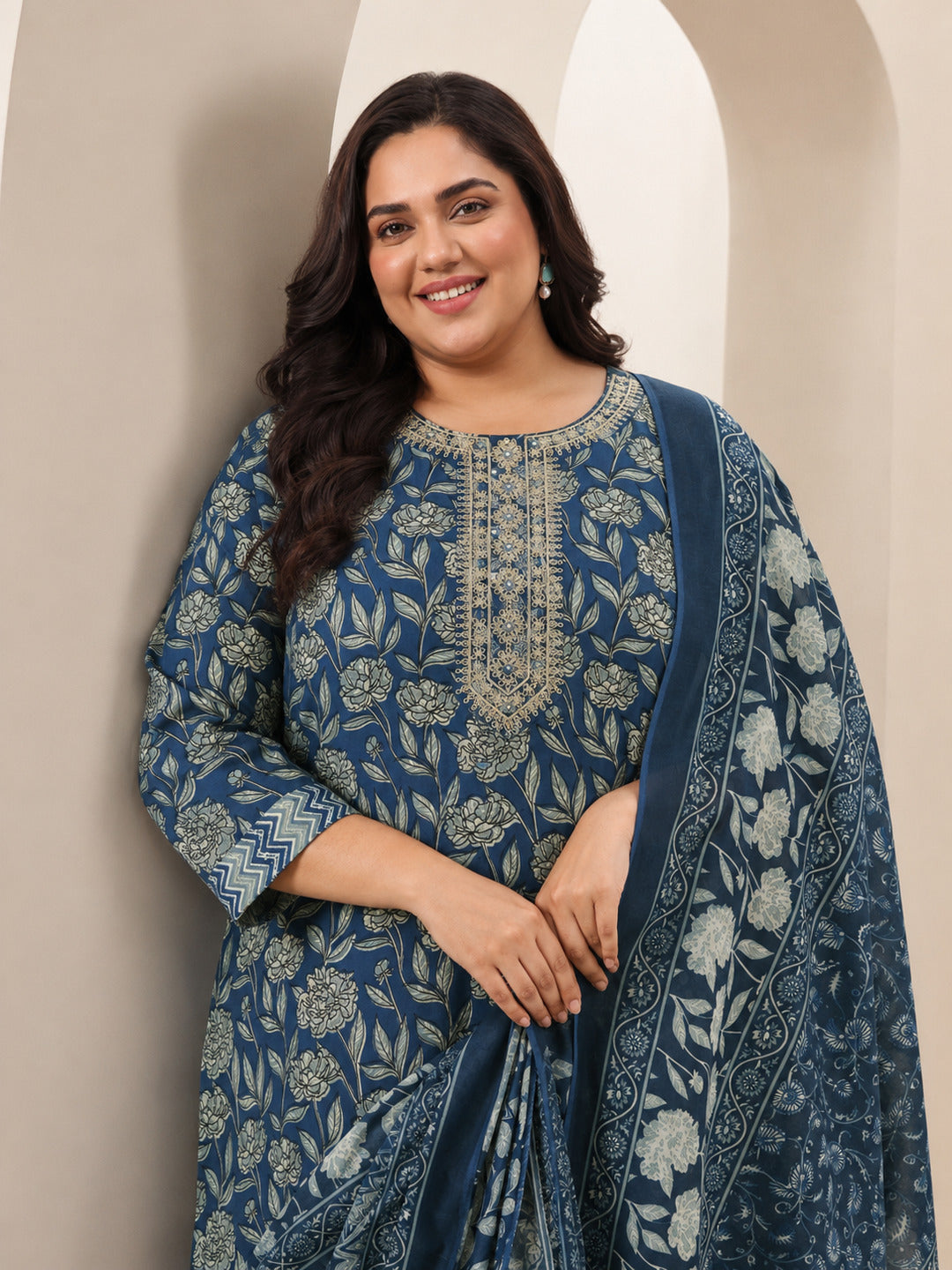 Plus Size Teal Blue Printed Cotton Blend Straight Suit Sets With Dupatta