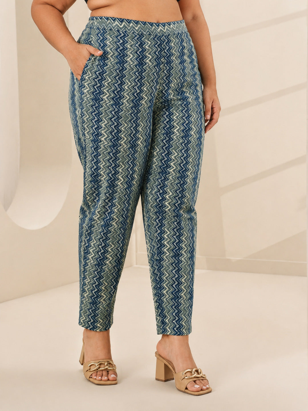 Plus Size Teal Blue Printed Cotton Blend Straight Suit Sets With Dupatta