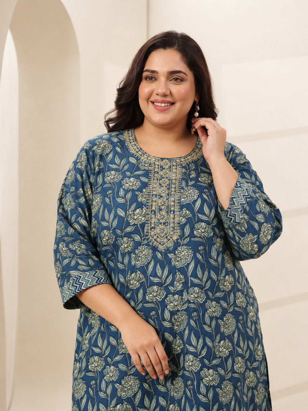 Plus Size Teal Blue Printed Cotton Blend Straight Suit Sets With Dupatta