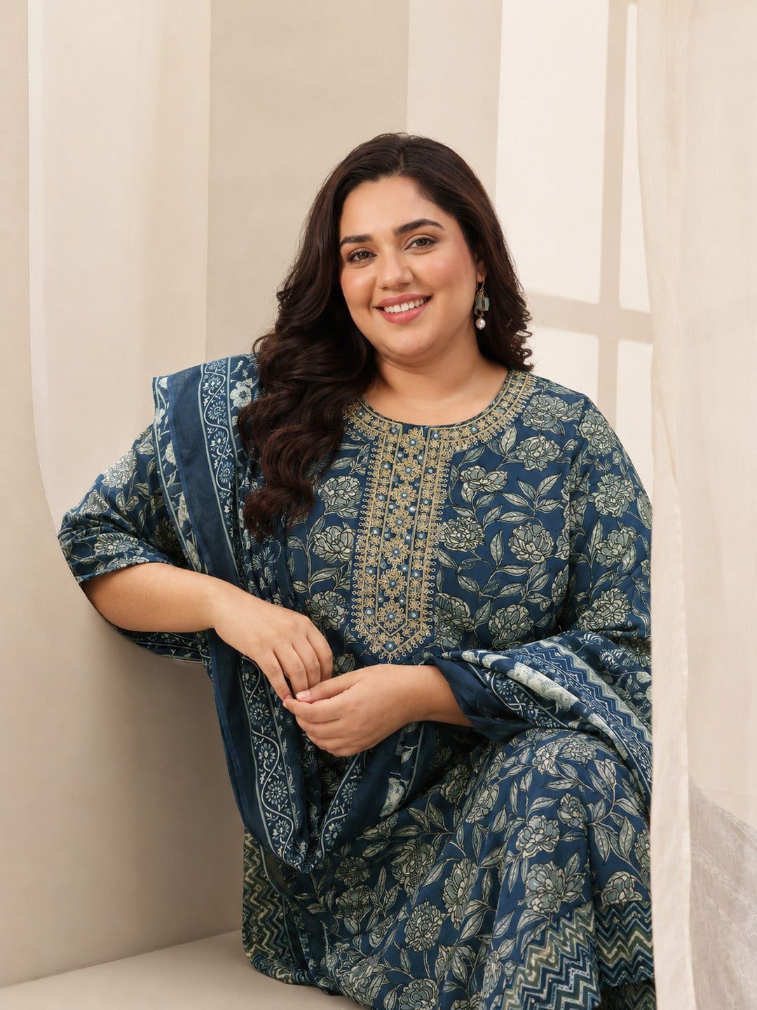 Plus Size Teal Blue Printed Cotton Blend Straight Suit Sets With Dupatta