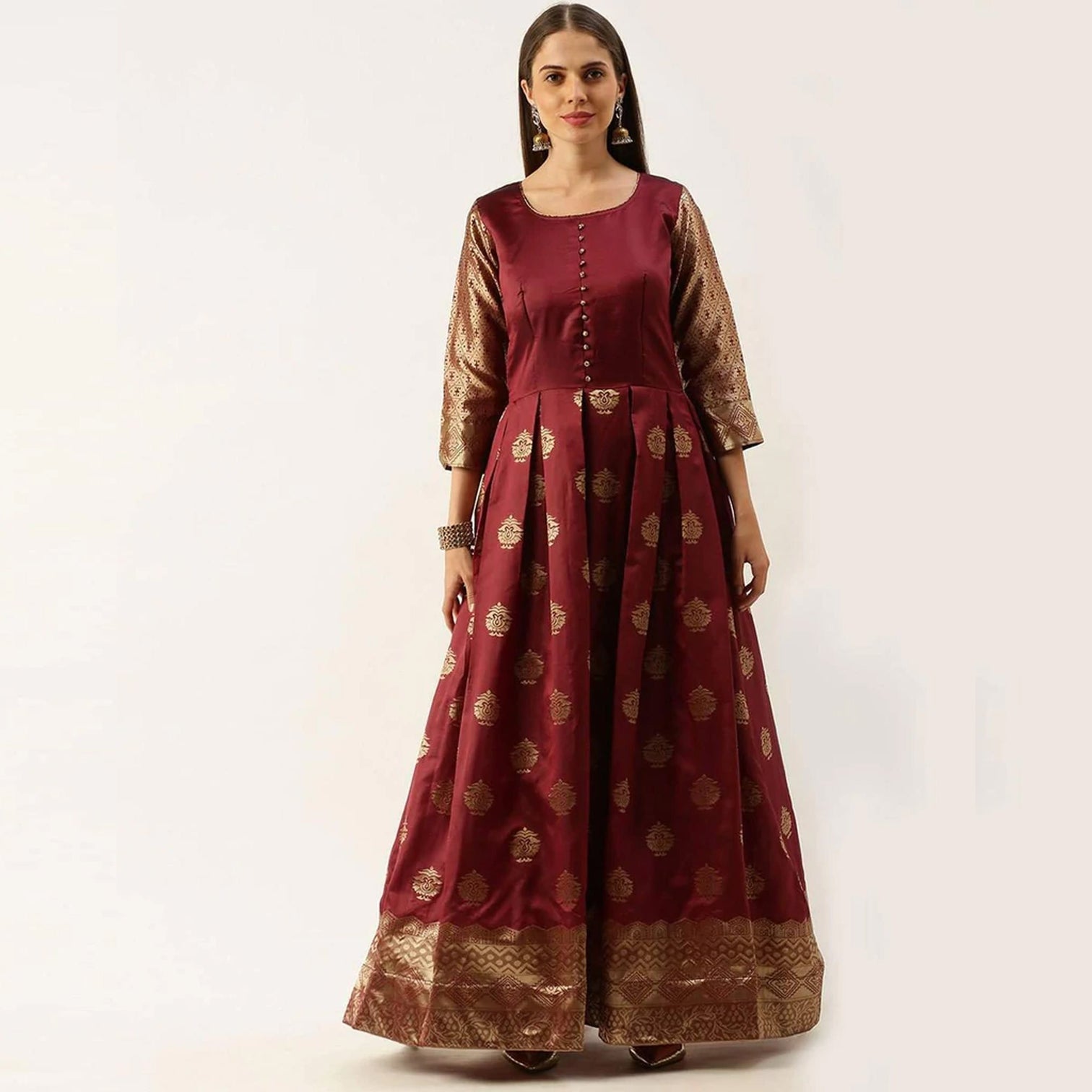 Maroon Color Box Cut Soft Silk Gown