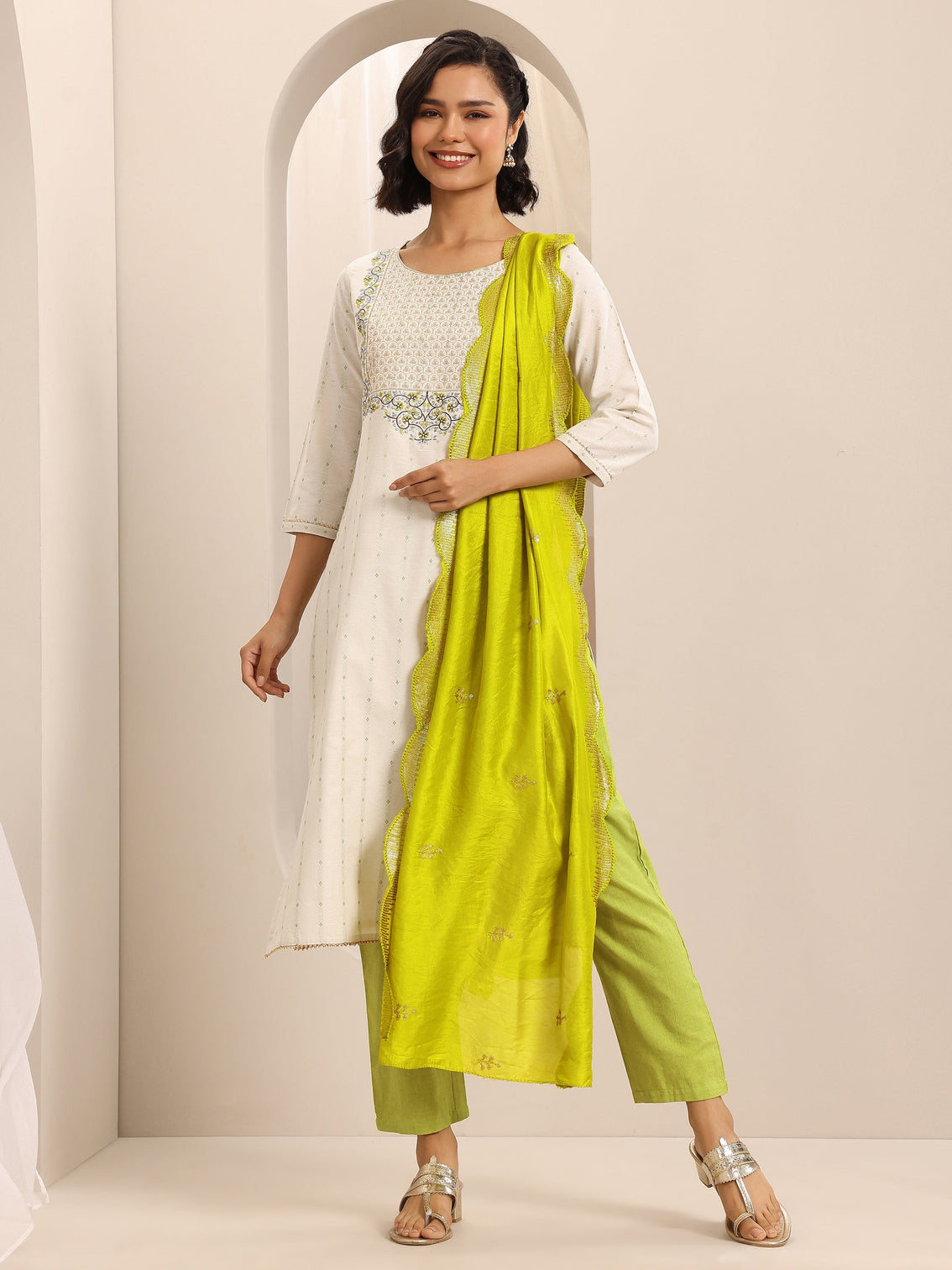 Mameraa White Woven Cotton Blend Straight Suit Set With Dupatta