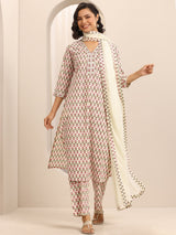 Libas White Printed Cotton Blend Straight Suit Set With Dupatta