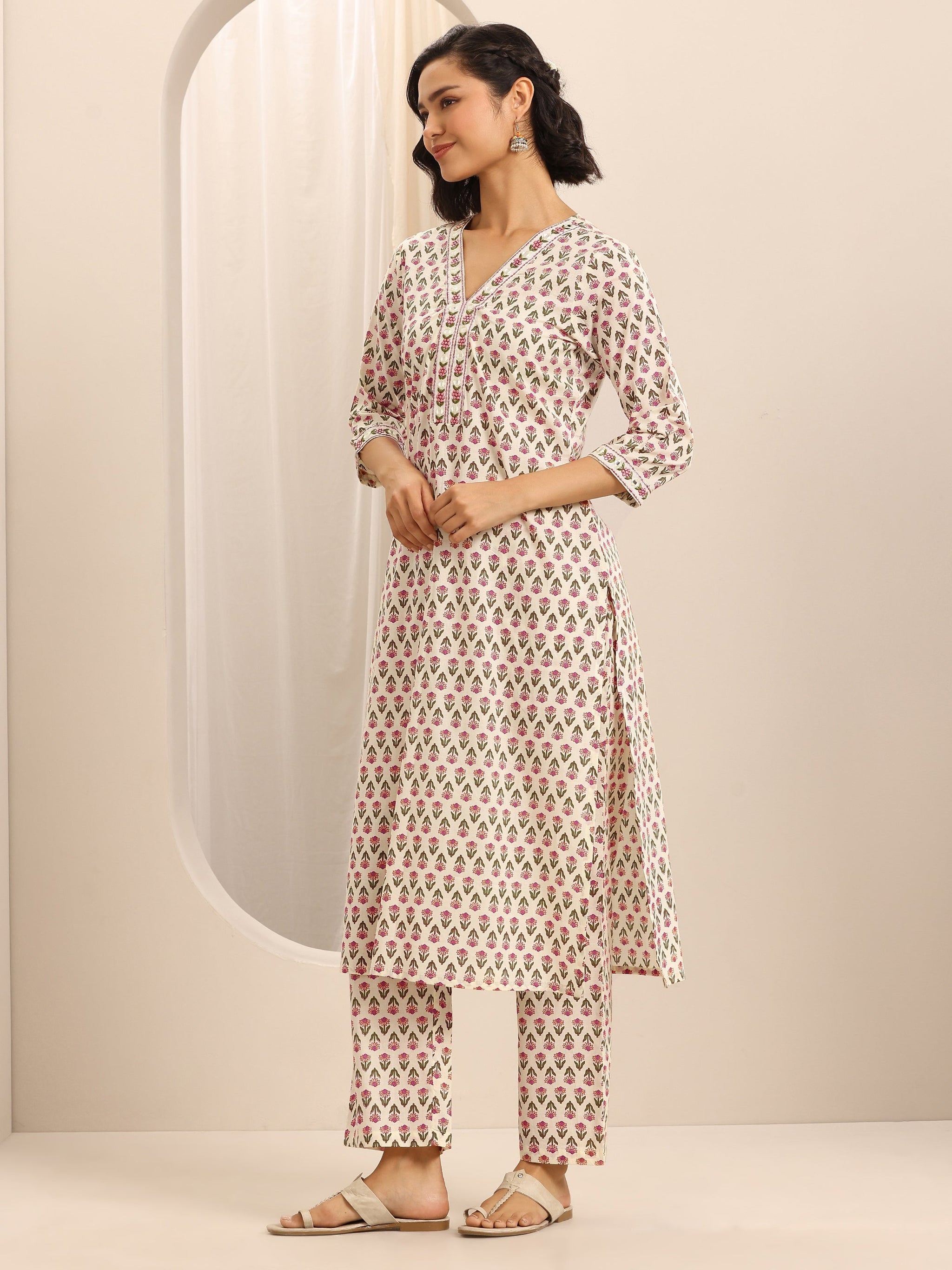 Libas White Printed Cotton Blend Straight Suit Set With Dupatta