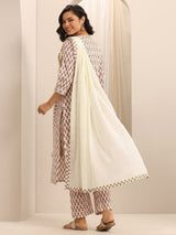 Libas White Printed Cotton Blend Straight Suit Set With Dupatta