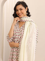 Libas White Printed Cotton Blend Straight Suit Set With Dupatta