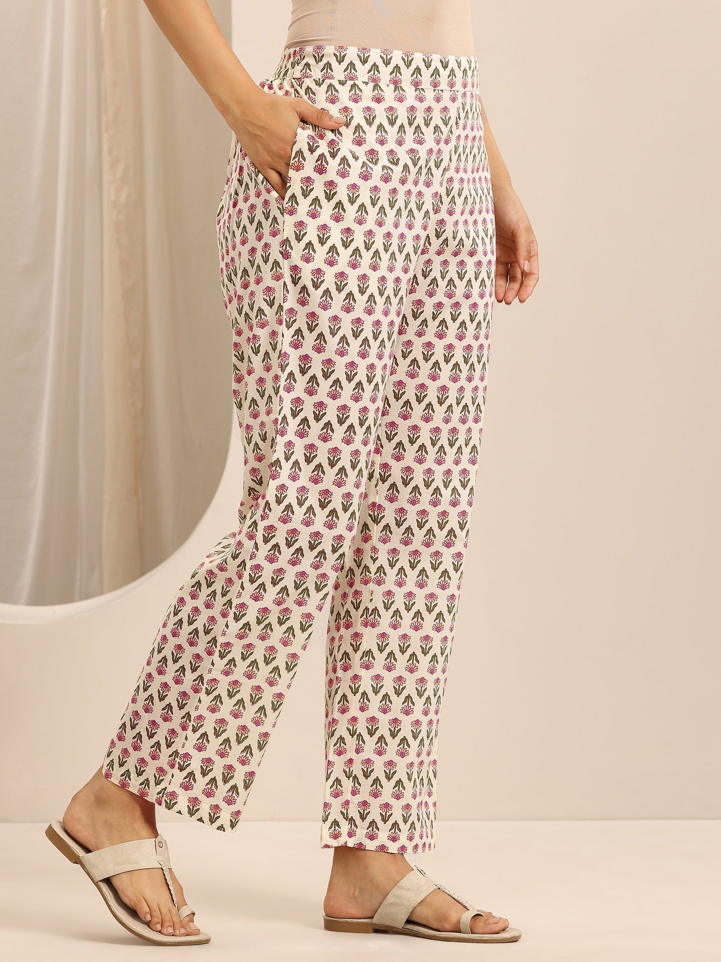 Libas White Printed Cotton Blend Straight Suit Set With Dupatta