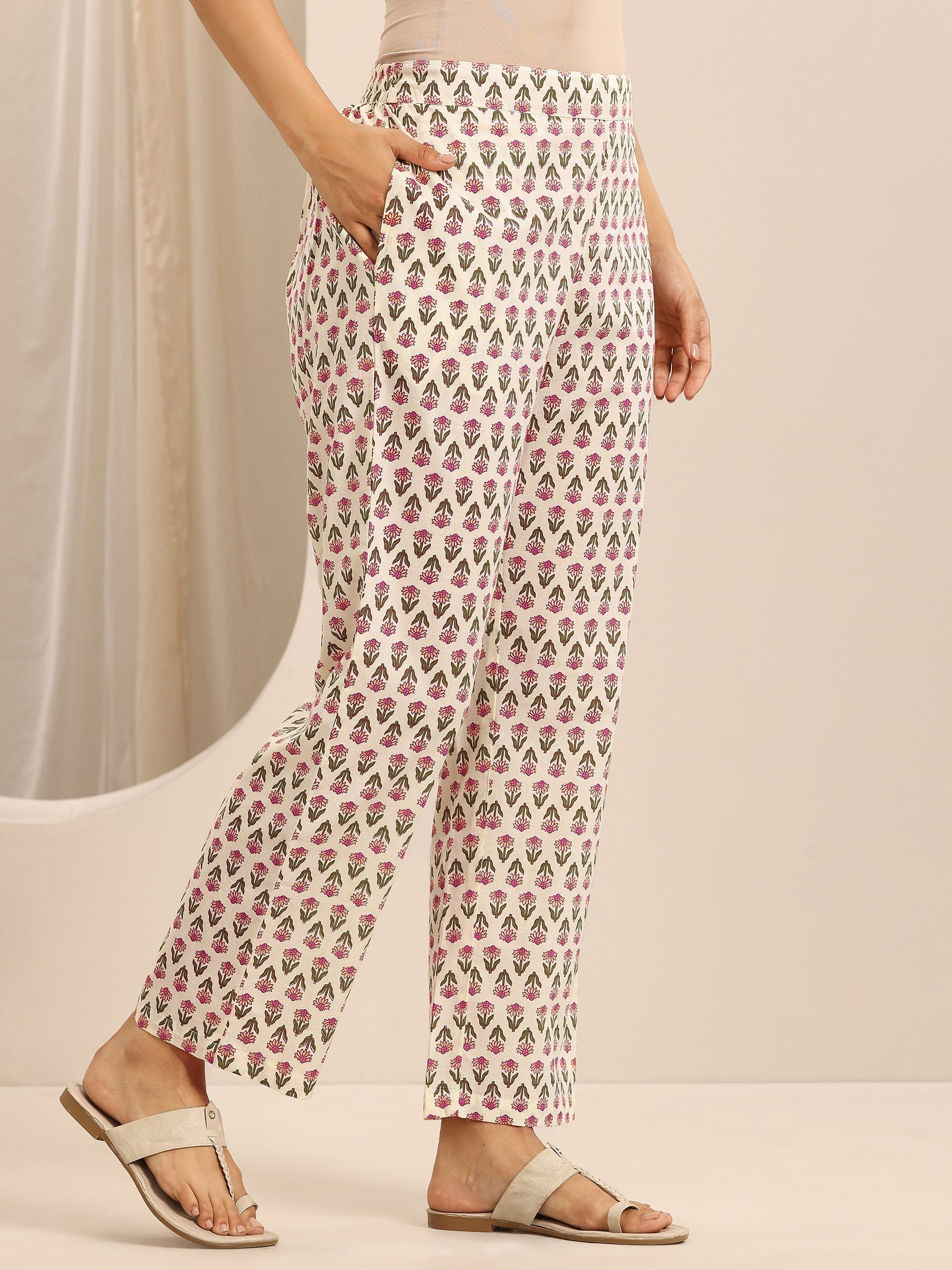 Libas White Printed Cotton Blend Straight Suit Set With Dupatta