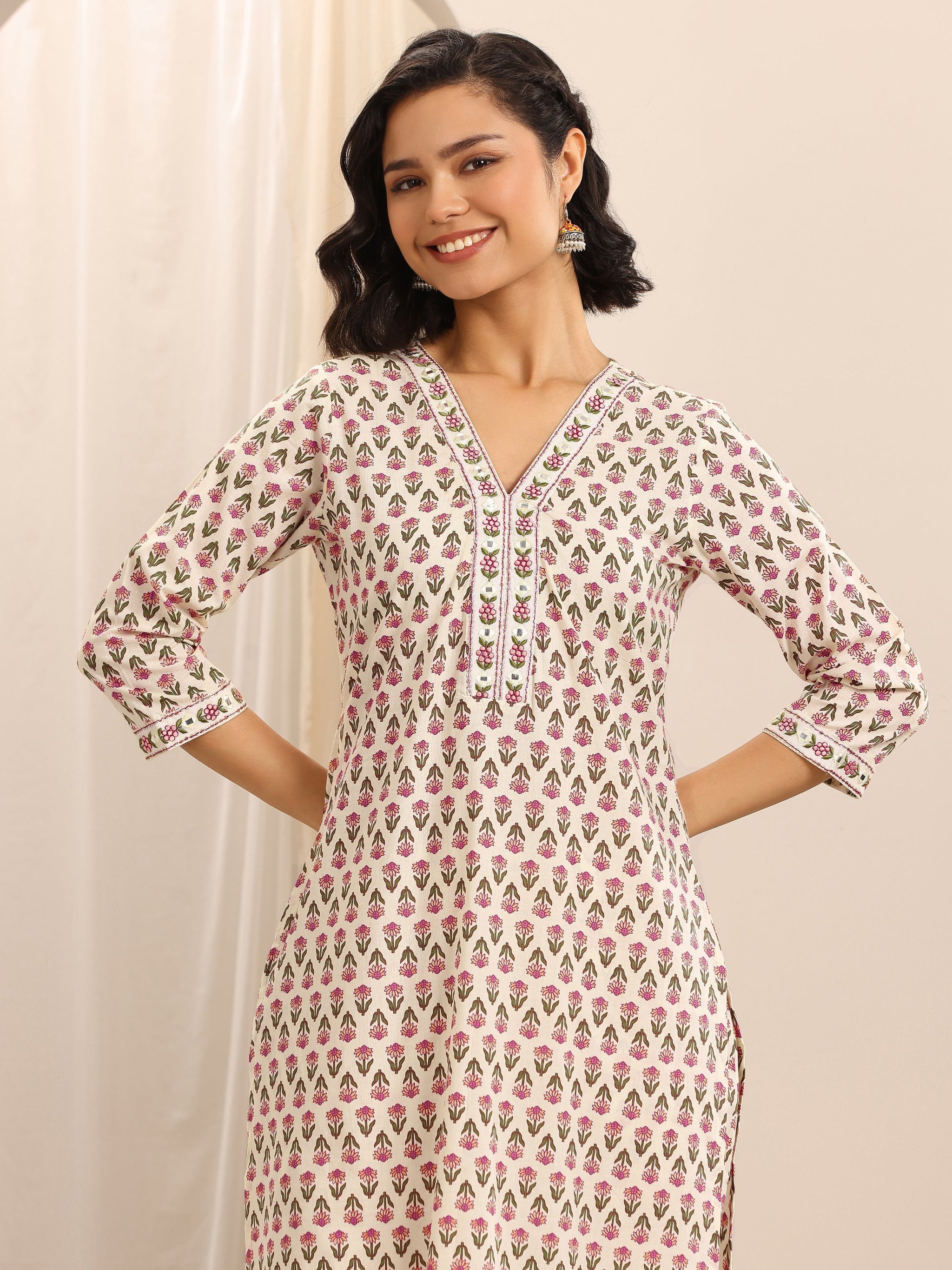 Libas White Printed Cotton Blend Straight Suit Set With Dupatta
