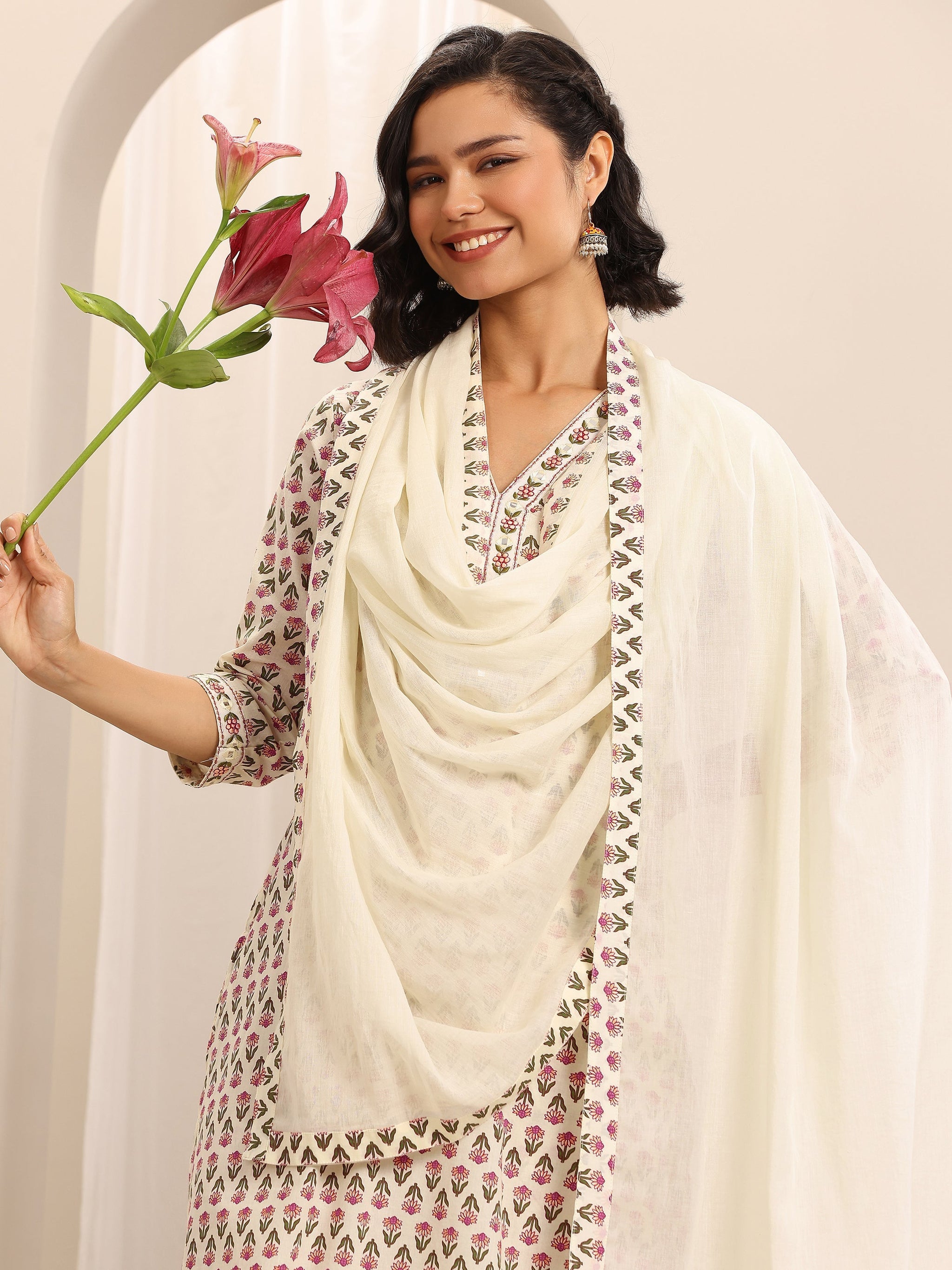 Libas White Printed Cotton Blend Straight Suit Set With Dupatta