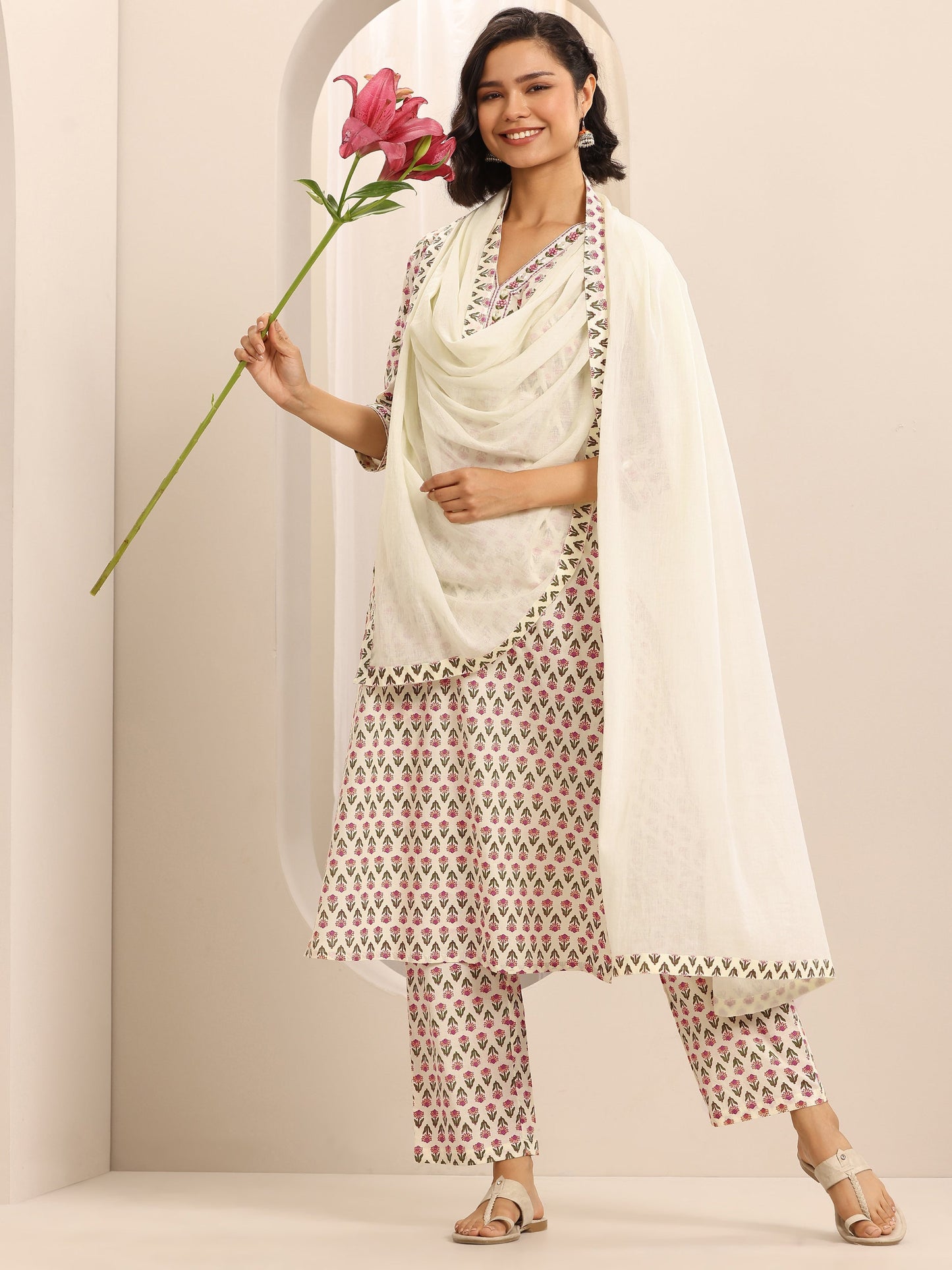 Libas White Printed Cotton Blend Straight Suit Set With Dupatta