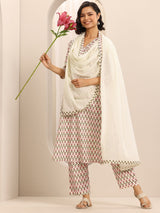 Libas White Printed Cotton Blend Straight Suit Set With Dupatta