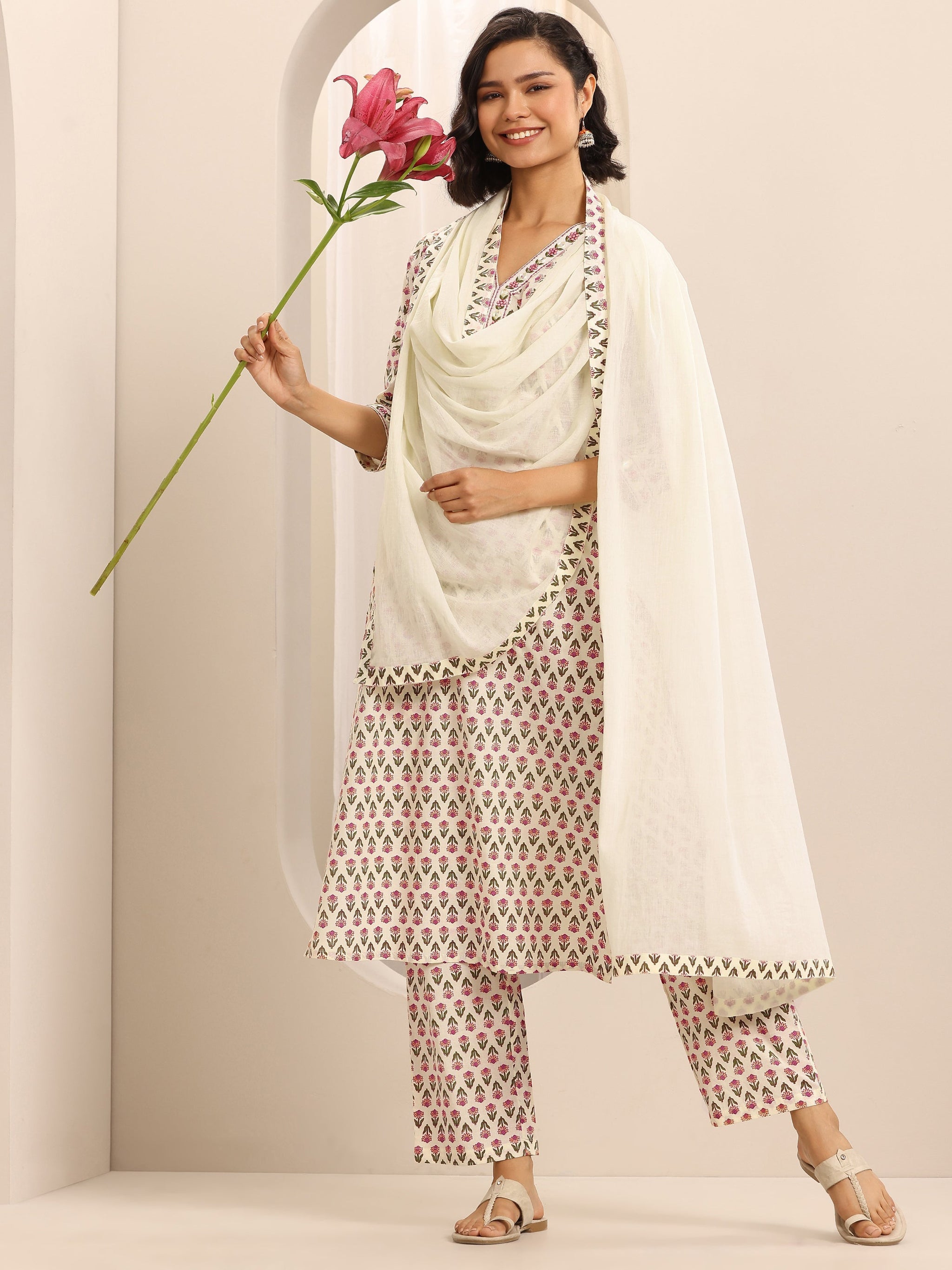 Libas White Printed Cotton Blend Straight Suit Set With Dupatta