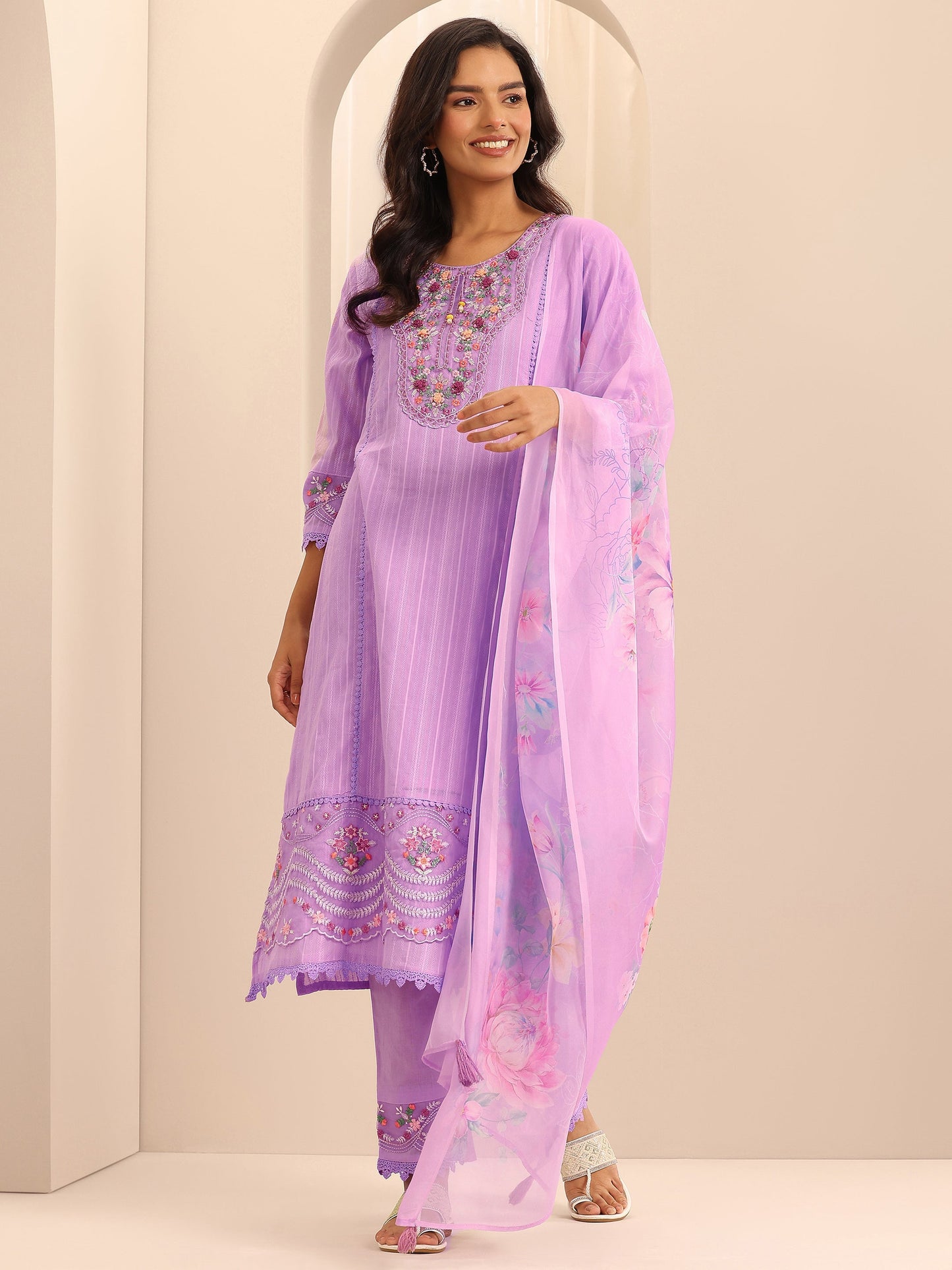 Libas Lavender Embroidered Cotton Blend A-line Suit Set With Dupatta