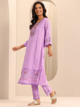 Libas Lavender Embroidered Cotton Blend A-line Suit Set With Dupatta